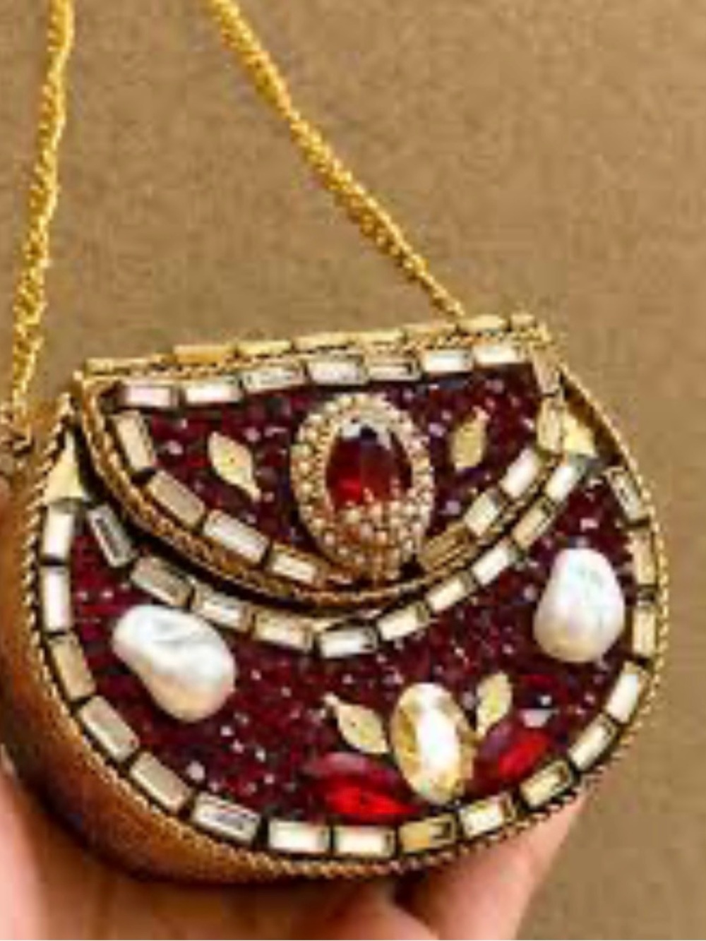 Gold Chain Pendant Necklace with Red Beaded and Pearl Accents